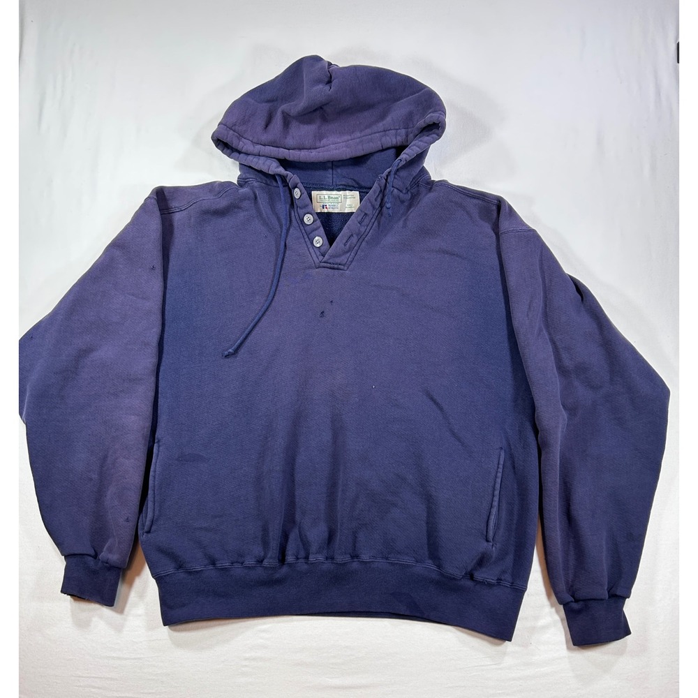 Vintage LL Bean Russell Athletic Hoodie Navy Blue Henley Sweatshirt XL Tall USA